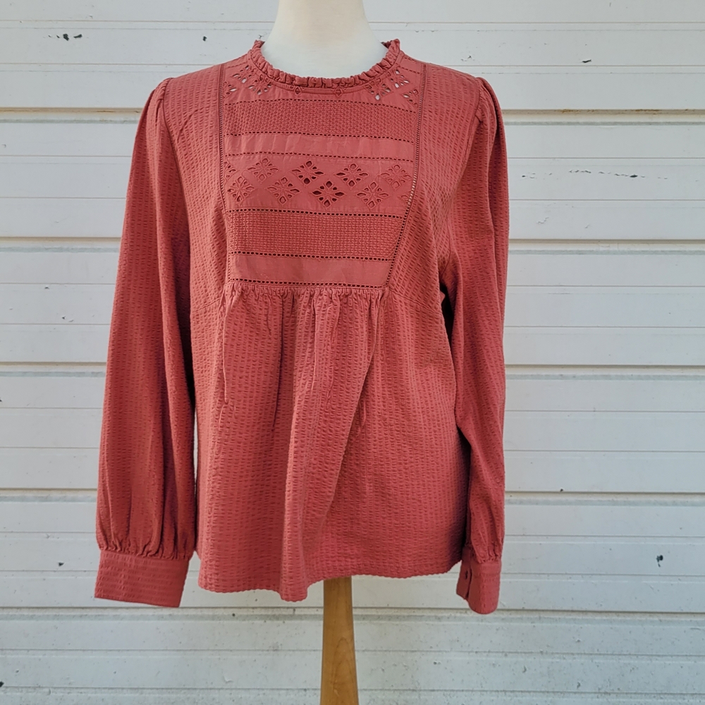 Fat Face Textured Blouse with Lace Detail - Rust